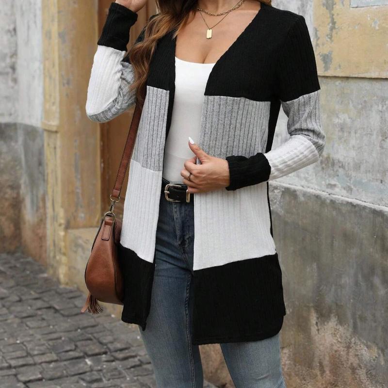 Color Blocked Women's Knitted Sweater for Autumn and Winter Mid To Long Casual Thick Cardigan
