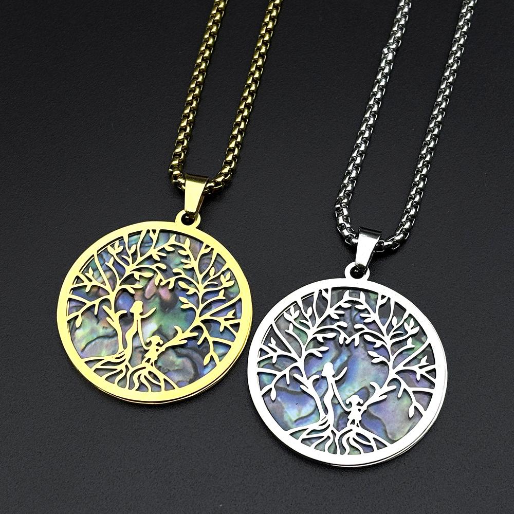 Mother Child Tree Of Life Abalone Shell Pendant Necklace For Women Men Stainless Steel Love Family Healing Charm Chain Jewelry