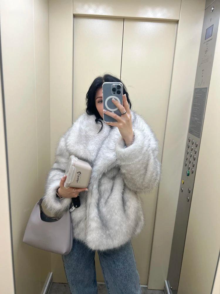 Women's Fluffy Faux Fur Lapel Coat - Casual Fox Fur Jacket