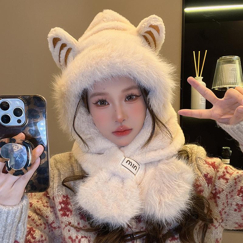 Plush Hat and Scarf for Women In Autumn and Winter High End New Lei Feng Hat Cute Thickened Warm Scarf