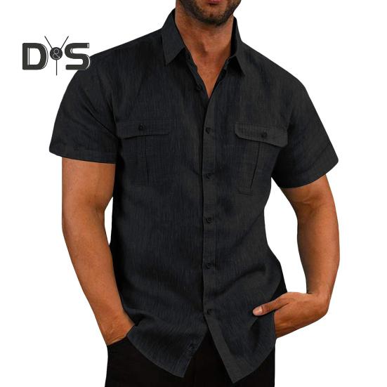 

Мужская летняя рубашка, сплошной цвет, однобортный, свободные нагрудные карманы, отложной воротник, короткие рукава, мягкий дышащий легкий кардиган, формальный кардиган на пуговицах 3XL чёрный