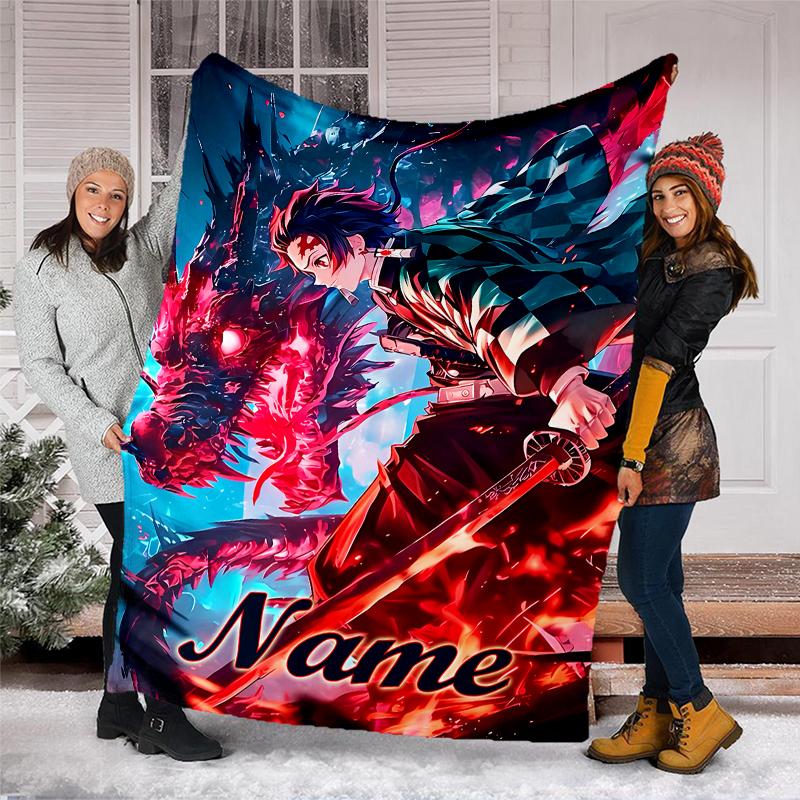 Personalized Custom Name Blanket - Demon Slayer Tanjiro Print Design,Blanket for Sofa,Bed,Travel,Camping - Soft and Warm, Great Gift