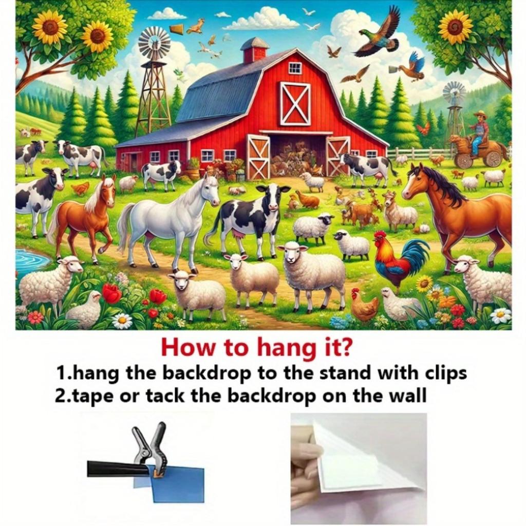 One large farm animal backdrop with a red barn, horses, sheep and chickens - 8x6 feet rural style party backdropDJH
