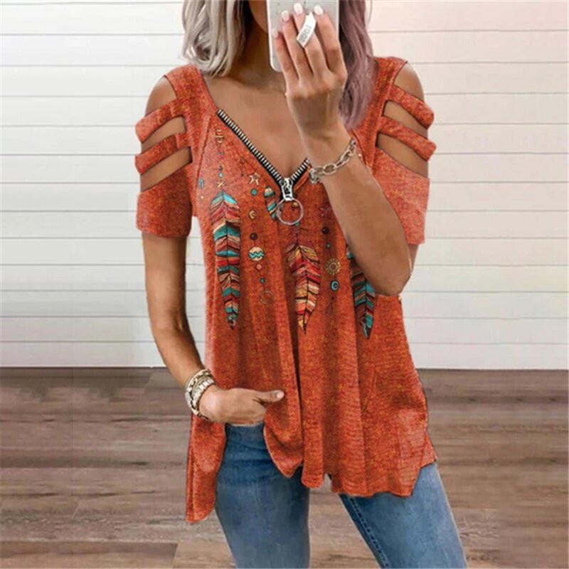 2023 European & American Women's V-Neck Zipper Floral Short-Sleeve Loose T-Shirt
