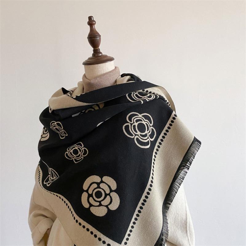 Camellia cashmere scarf women's winter senior sense versatile thickened warm scarf air conditioner shawl