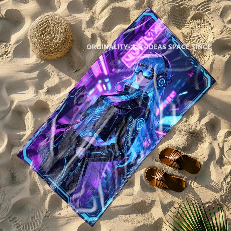 Cyberpunk Girl Printed Beach Towel Patterned Sunscreen And Windproof Suitable For Swimming Pool Camping Travel Blanket