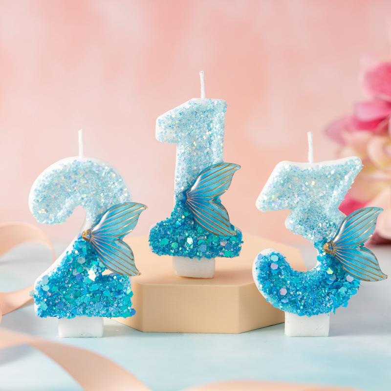 Creative Cartoon Blue Gradient Mermaid Tail Numbers Children's Birthday Candles Cake Party Decorations 1st Birthday