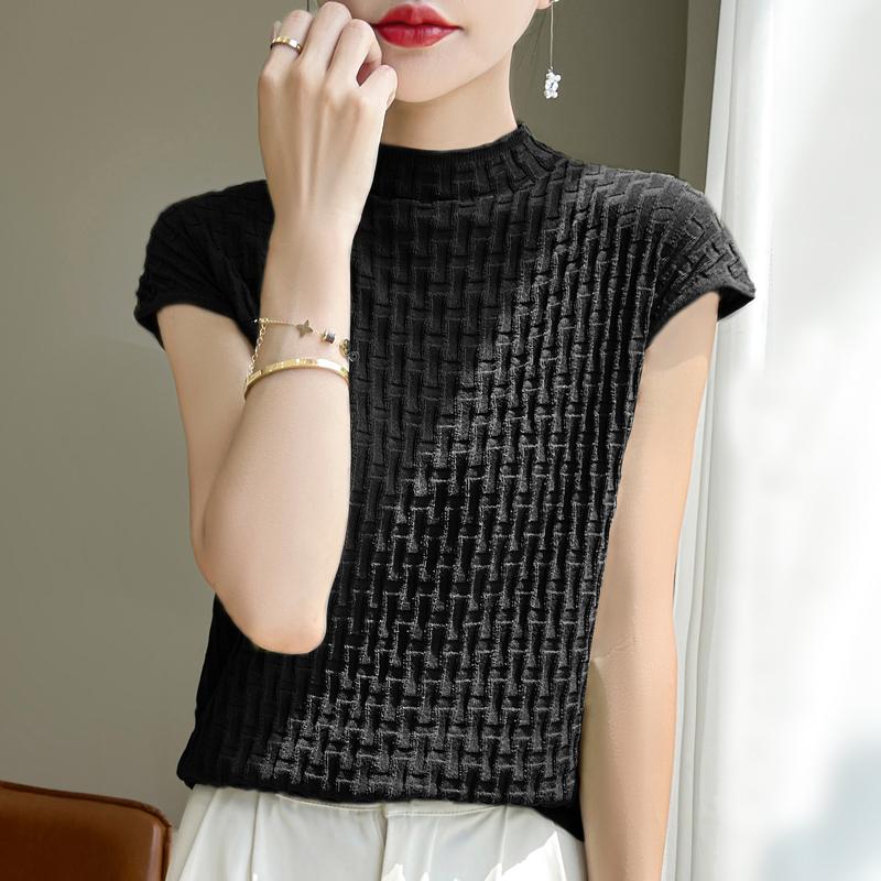 Women T-shirt Tank Summer Knitted T-shirt Short Sleeve Tees Basic Tees Knit Top Pullover Turtleneck Female