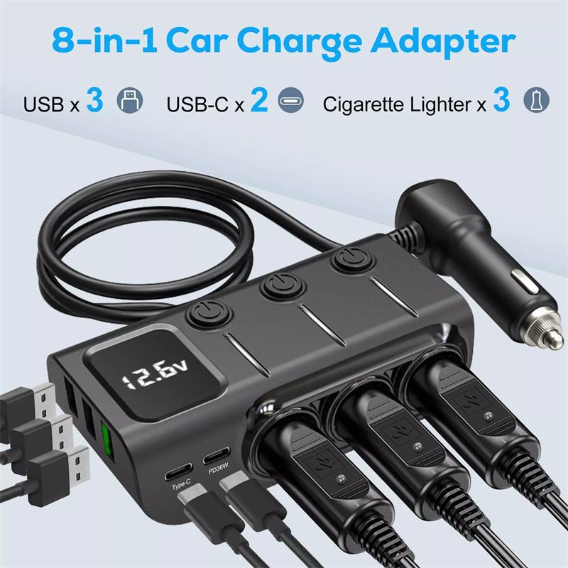 120W 3 In 1 Three Usb Socket Car Cigarette Lighter Adapte 12V 24V Splitter Led Fast Charger Plug Adapter For Iphone Gps Dashcam