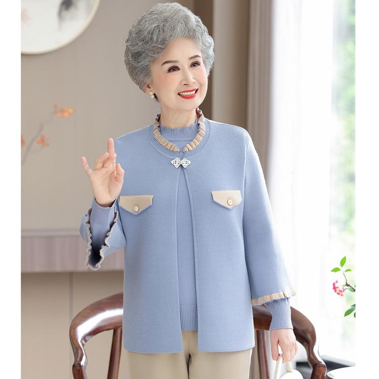 

Женский свитер для женщин среднего и пожилого возраста 50 лет Пальто Новая мама Весна Китайская одежда Красный Вязаный Костюм-двойка 4XL синий