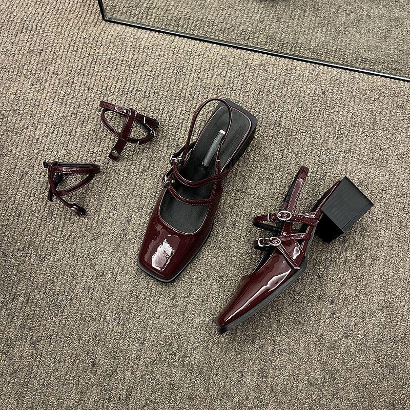 Fashion With Medium Heels Red Sandals for Women Buckles Summer 2024 Square White Ladies Shoes Footwear Daily Designer Chic and Elegant