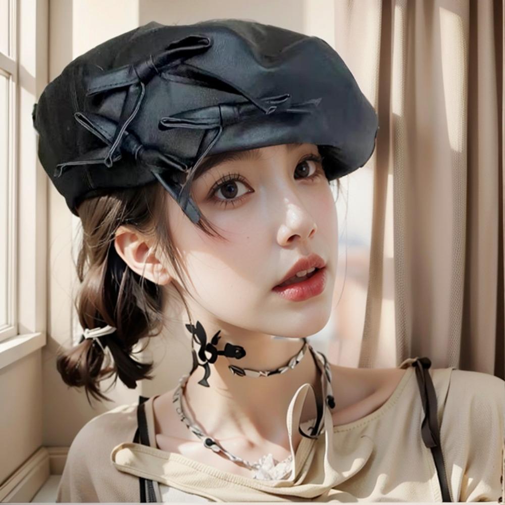 Women’s Hat Spring Fall Beret Retroeleganteasiest for Match Octagonal Hat Leather British Black Hat