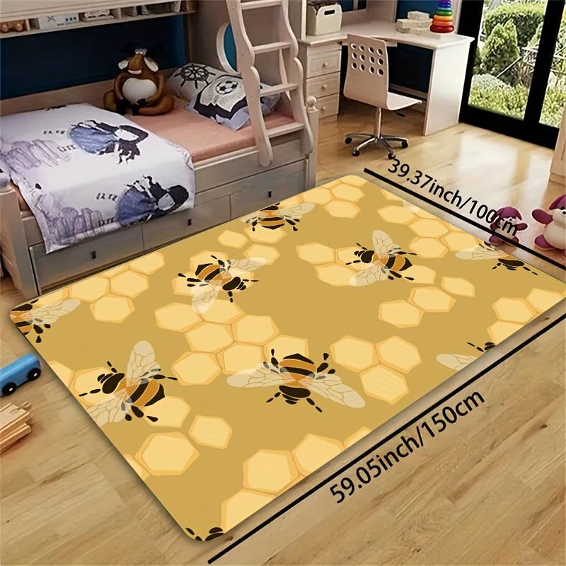Cheerful Bee and Honeycomb Pattern Area Rug, Soft Non-Slip Indoor Outdoor Floor Mat for Kitchen and Living Room Decor