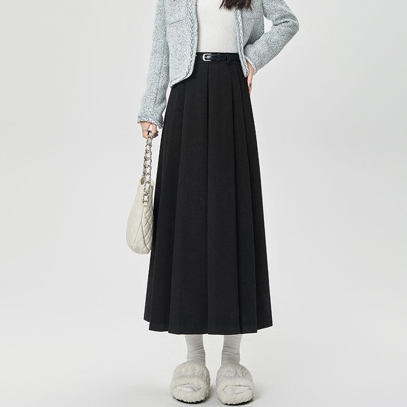 High-Waisted Coffee Wool Skirt for Women, Autumn-Winter Style, Pleated A-Line, Petite Fit, Mid-Length, Perfect Drape