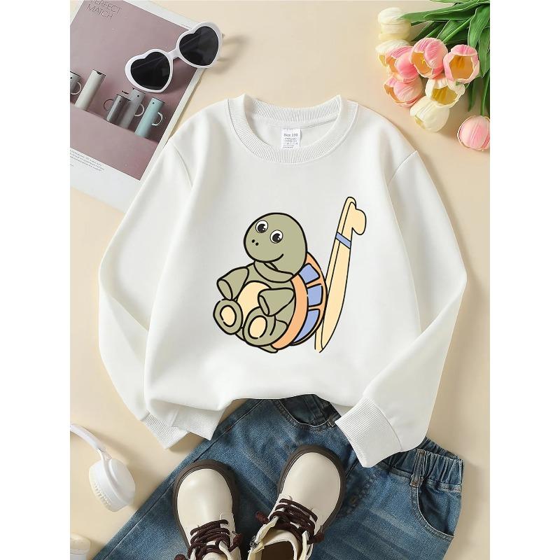 Kids Crewneck Sweatshirt, Cute Surfing Turtle with Surfboard Beach Graphic Print, Spring Autumn Casual Sport Tops