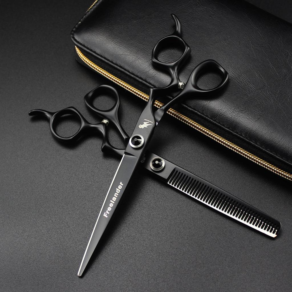 7.0" Black Curved Handle Hairdressing and Pet Shears: Straight & Fine-tooth Scissors