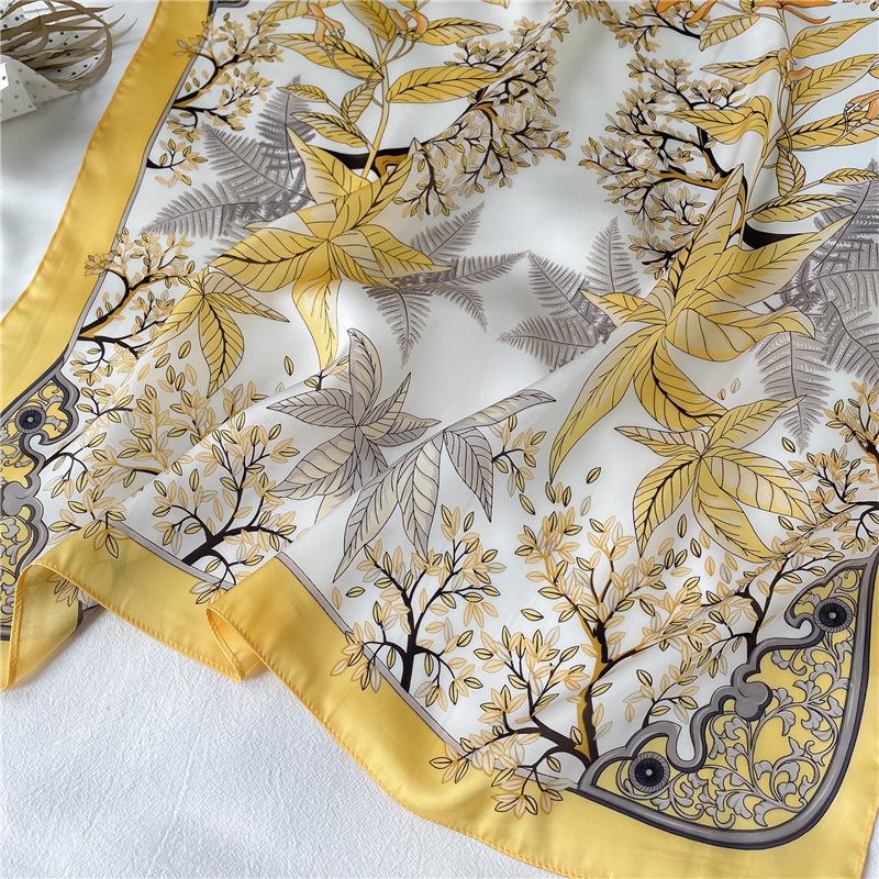 European and American Style Leaf Silk Scarf Women's Scarf Autumn and Winter Thin Neck Protection Scarf Simulation Silk Small Square Scarf 71cm Decor
