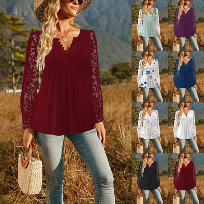 2024 Spring/Autumn Fashion New Women's Lace Sleeve Pleated Button T-shirt