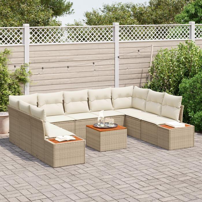 VidaXL Ensemble de Canapés de Jardin 10 pièces avec Coussins Beige Poly Rotin Acacia 3348172