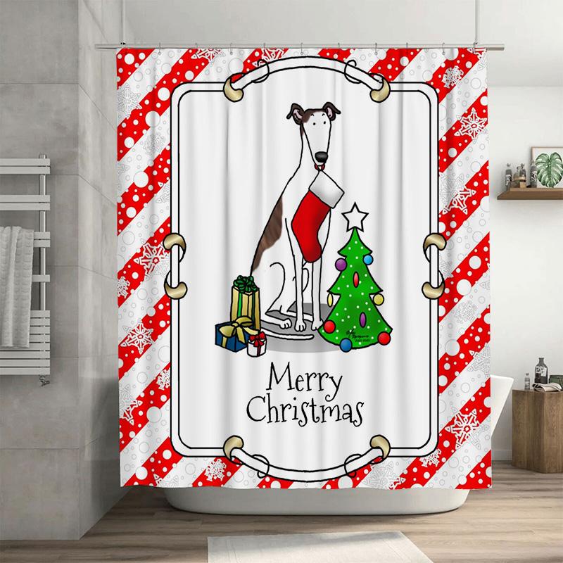 

Merry Christmas Dog Shower Curtain With Tree And Gifts, Fun Festive Snowflake Bathroom Decor For Holiday Party, Polyester W60H190(CM)-1 Pcs