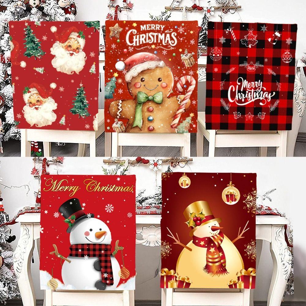 Snowman Christmas Chair Cover Elf Pattern Washable Chair Back Slipcover Quick Easy Use Santa Claus Pattern Dining Chair Cover