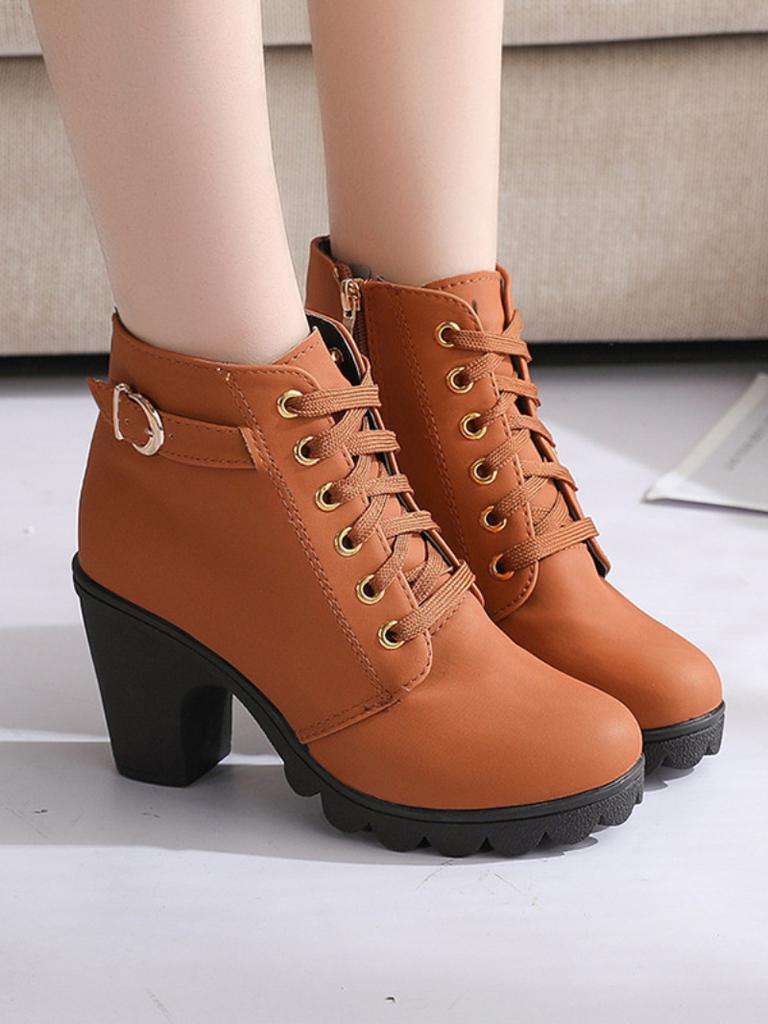 New spring Winter Women Pumps Boots High Quality Lace-up European Ladies shoes PU high heels Boots Fast delivery