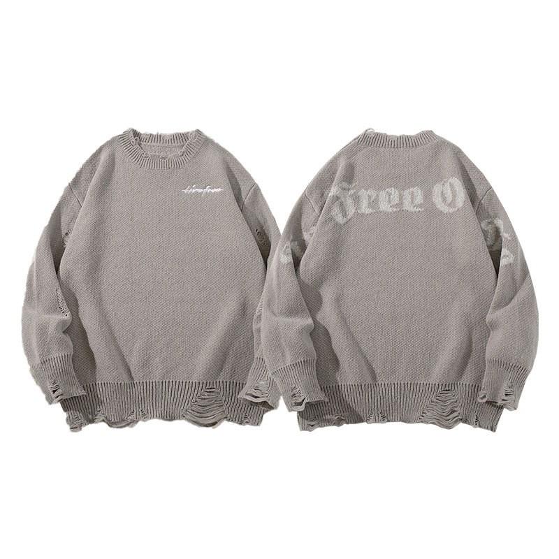 Vintage Trendy Distressed Knit Sweater Loose Fit Crewneck Long Sleeve Couple Top Fall