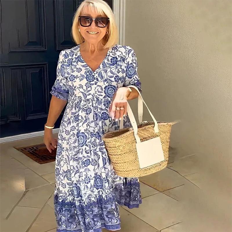 Summer Short Sleeve Print Floral Women's Dress Plus Size Fashion V Neck Elegant Loose Casual Dress Lady Vintage Sexy Club Dresses Female Clothes 25030