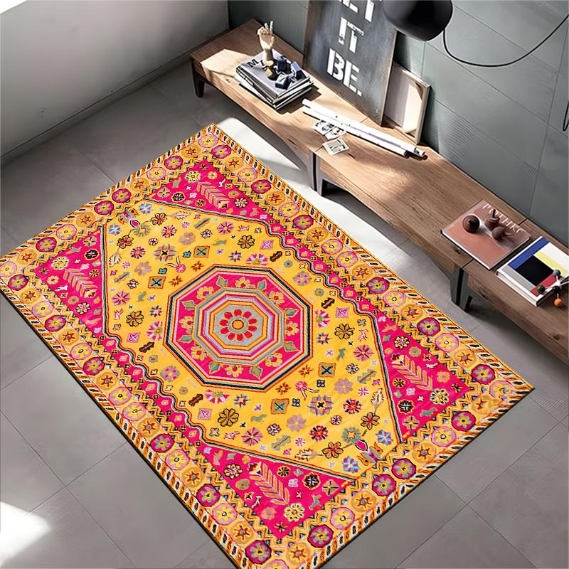 Bohemian Style Carpet with Geometric Floral Pattern in Yellow & Red Suitable for use as an anti-slip for living room bedroom sofas
