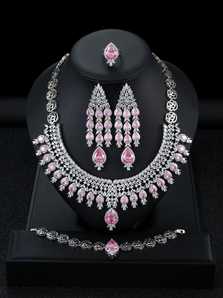 Bridal Zircon Necklace, Earrings, Bracelet, Ring Set, Exaggerated Luxury Four-piece Wedding Dress Accessories