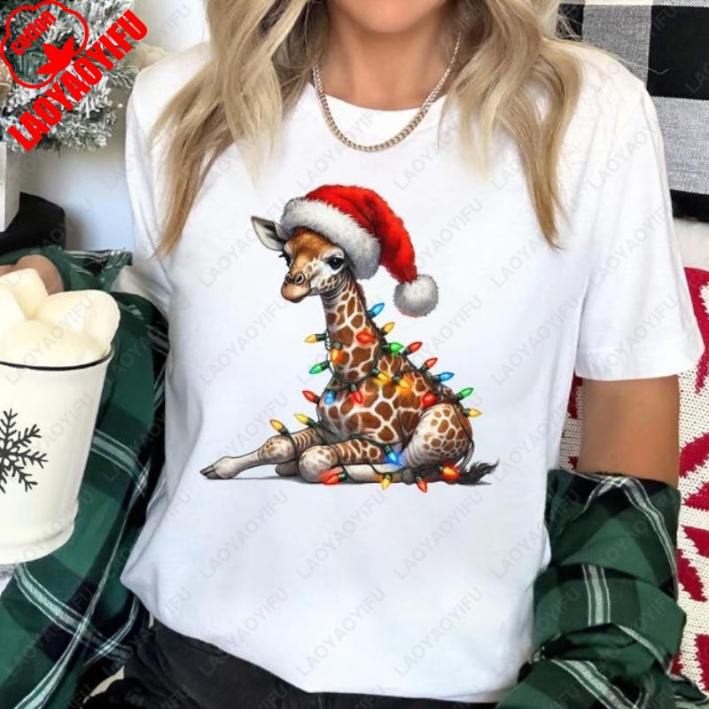 

Милые рождественские гирлянды-жирафы, забавные праздничные футболки с животными для мужчин и женщин, праздничная шляпа, подарок от Санты, футболки из хлопка на Новый год и Рождество 4XL