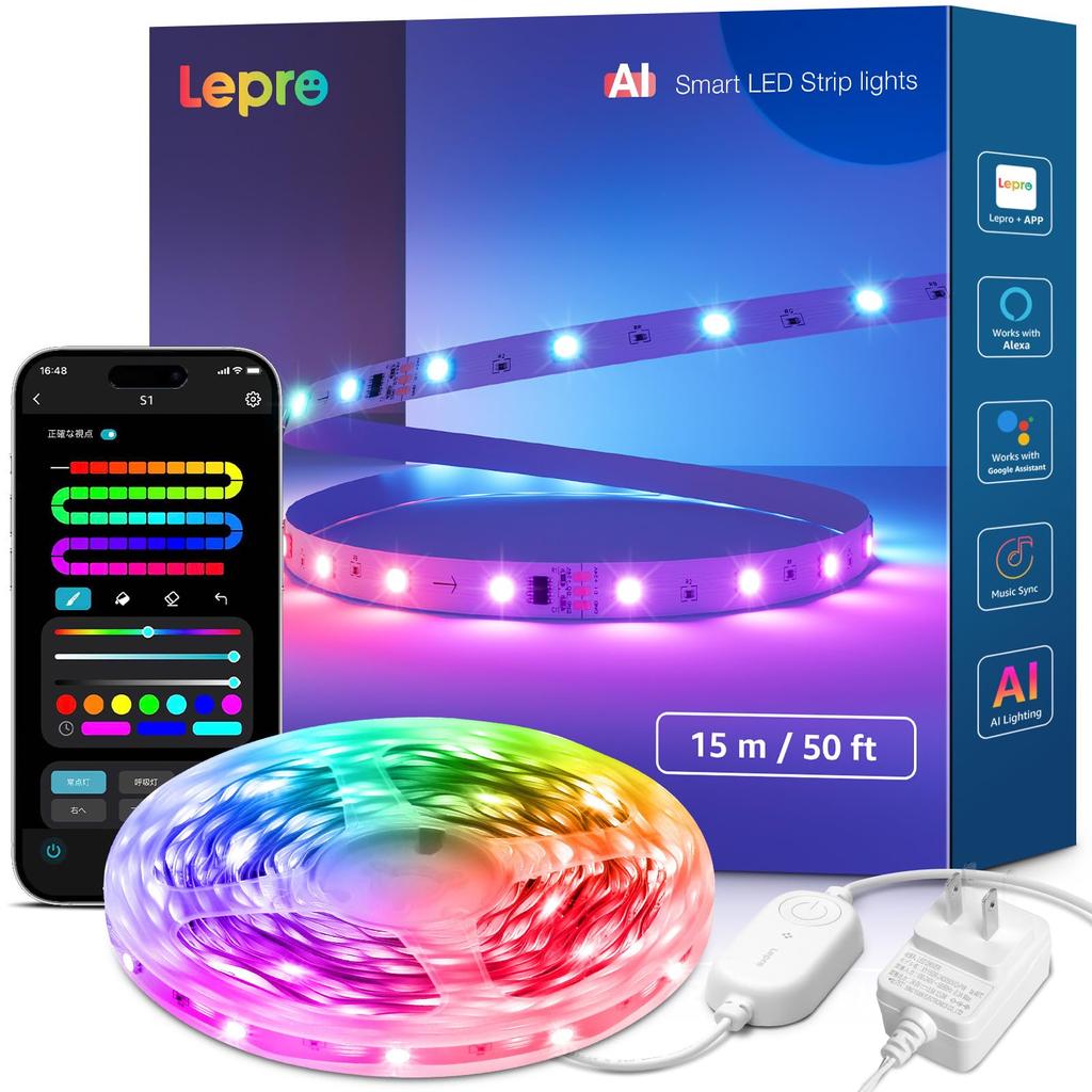 Lepro S1 AI LED Tape Light AI Generated Light 15m AI Lighting Design Assistant Music Sync MagicColor Flowing Tape LLM 16 Million Colors Dimmable Color