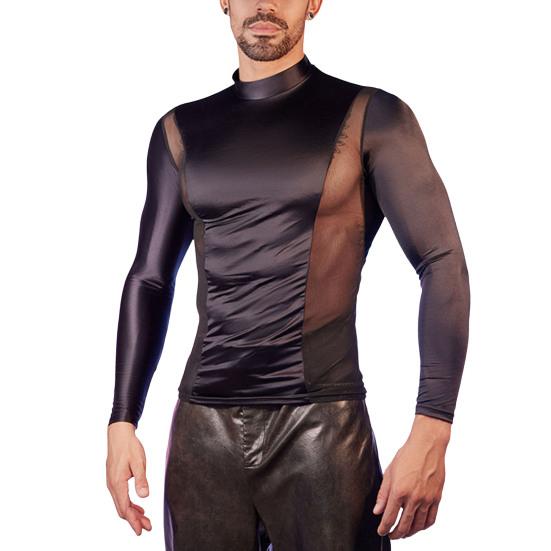 Men Sexy Mesh T-Shirt Oil Glossy Shiny Top Patchwork Tight-Fit Top Breathable Long Sleeve