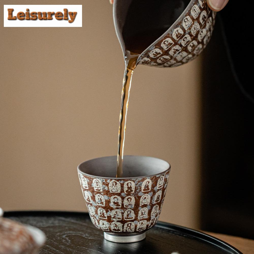 100ML Handmade Gilded Silver Tea Cup Chinese Dunhuang Buddha Master Cup Old Rock Clay Tasting Tea Bowl Chazhan Small Drinkware