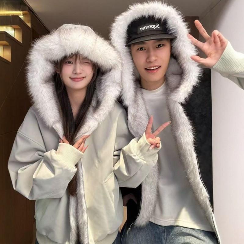Mens Oversized Hooded Puffer Jacket With Faux Fur Collar Winter Warm Thick Cotton Coat Couples