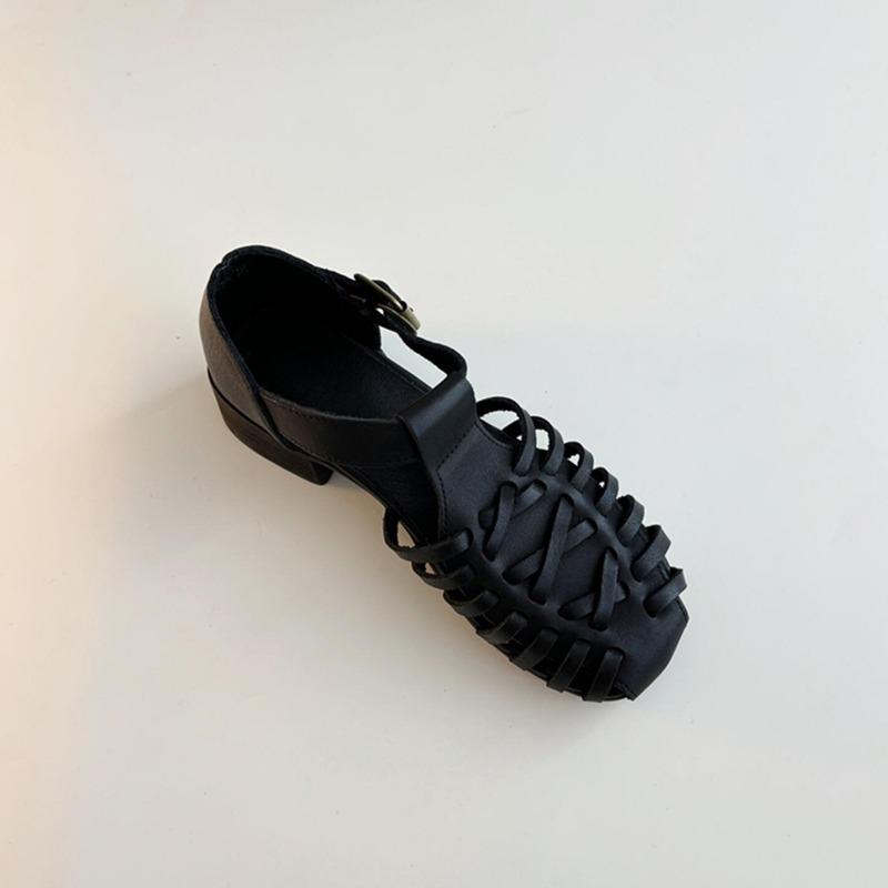 Sheepskin version niche retro woven open-toed summer sandals women's leather thick heel one-word bag head shoes