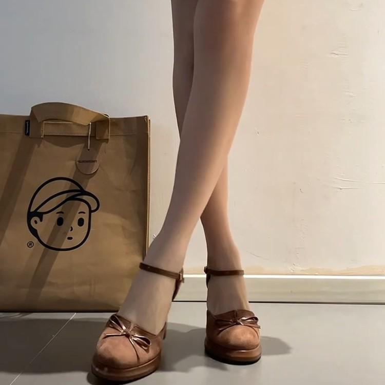 Sheepskin Version~ French Retro Bow Light Mouth High Heel Mary Jane Shoes Women's Versatile One-word Buckle Belt Thick Heel Single Shoes