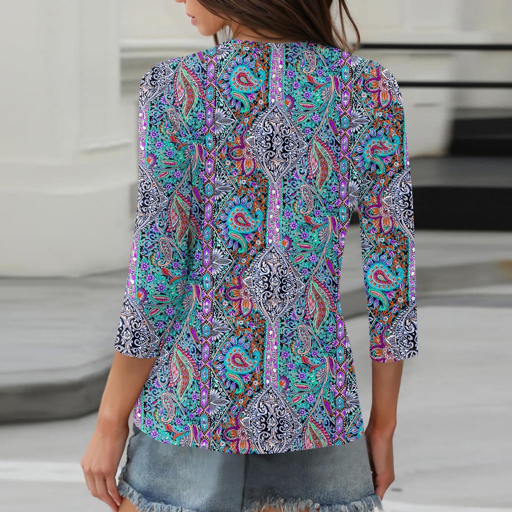 3/4 Length Sleeve Women's Tops Print Vintage Fashion Casual Loose With V Neck Plus Size Shirts Tops