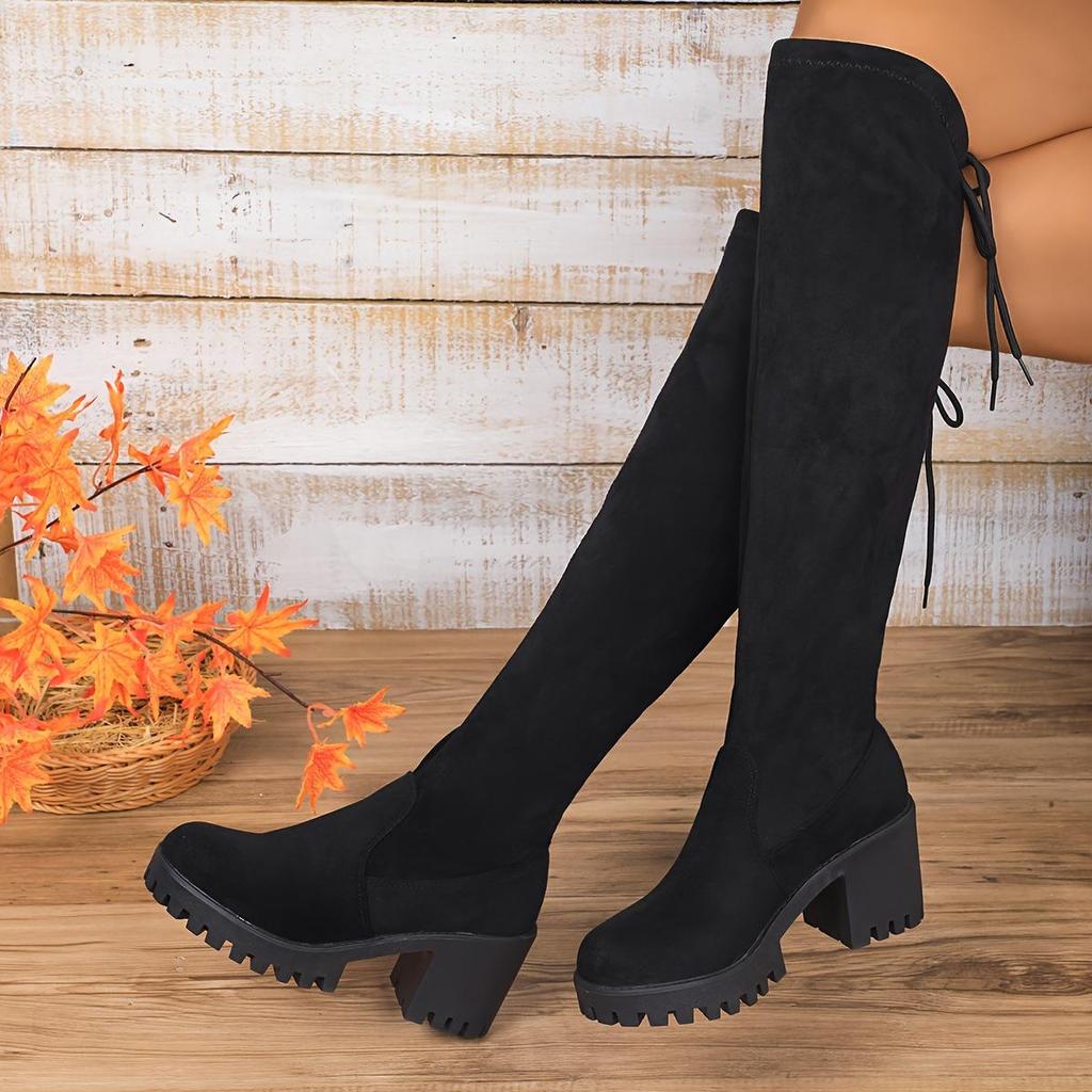 Elegant Black Lace-Up Over-the-Knee Women's Boots for Autumn/Winter