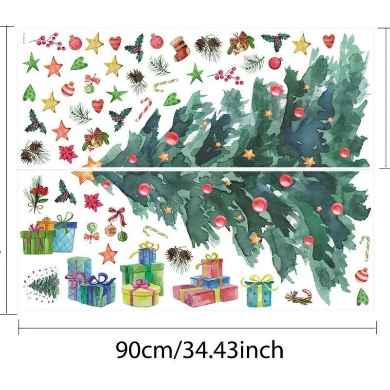 Christmas Wall Sticker Living Room Wall Background Decoration Self-adhesive Christmas Tree Watercolor Gift Bell Sticker PVC