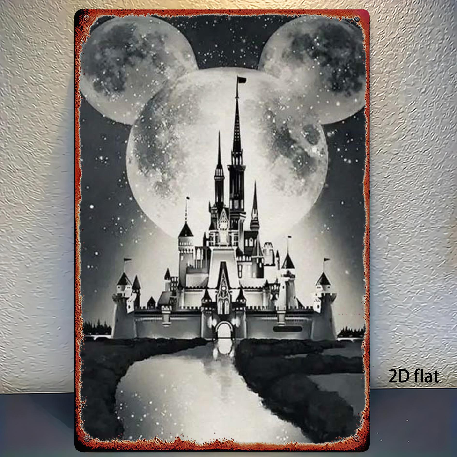 1 шт. Железная картина Дисней Микки Аватар Замок Ночной вид Черно-белый Металлический знак Культовый персонаж, Подходит для гостиной, 20x30cm（7.8x11.8inch）