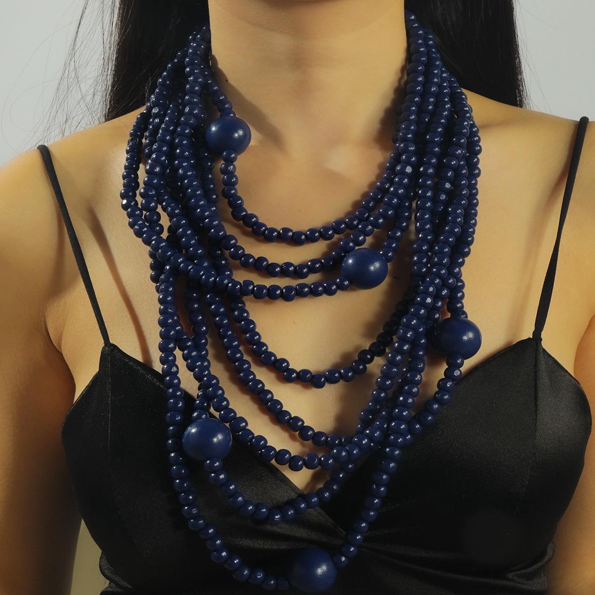

Преувеличенная индивидуальность Атмосфера Круглые деревянные бусины Многослойная подвеска Цепочка на ключицу Модное изысканное универсальное ожерелье для женщин темно-синий