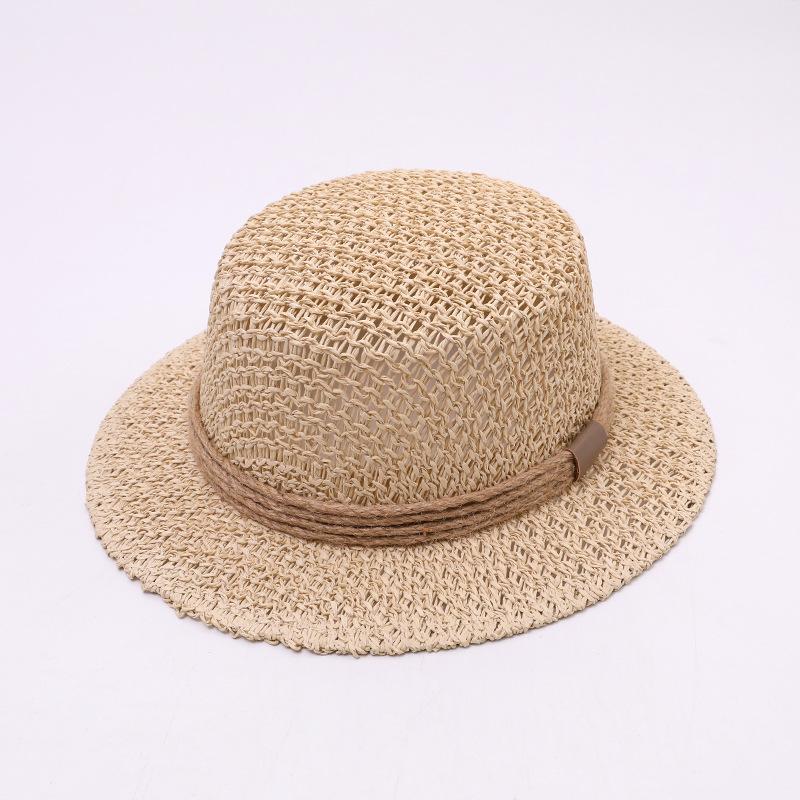 French fashionable handmade straw hat women's summer versatile flat top top hat hemp rope decorative beach sunshade photo hat