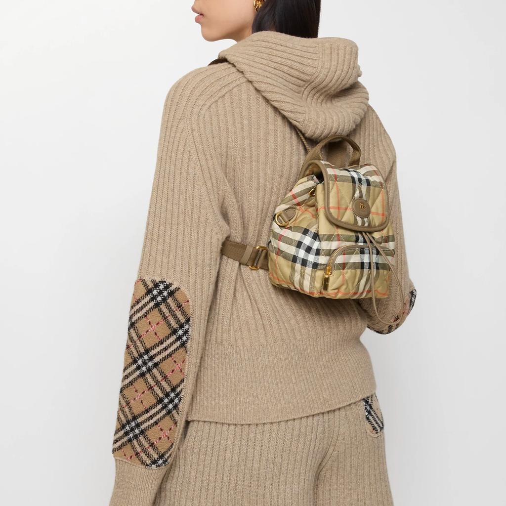 Burberry Horseshoe Logo Beige Check Leather Trim Knight Emblem Painted Metal Accessories Nylon Mini Backpack Women backpack sand 81189091