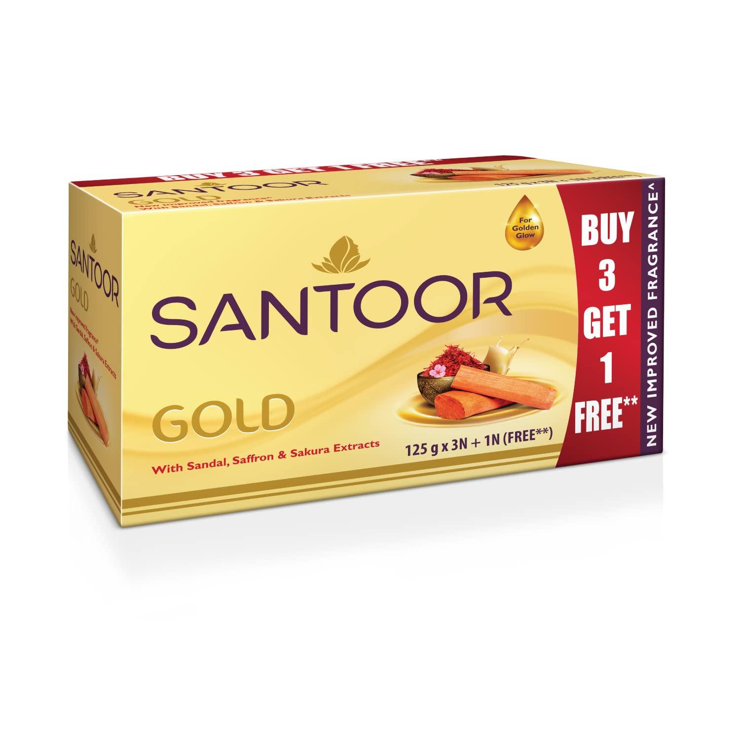 

Santoor Gold Bathing Bar Soap with Kashmiri Saffron, Sandal & Sakura Extracts for Soft & Younger-Looking Skin| Gentle & Rich Lathering Formula wit