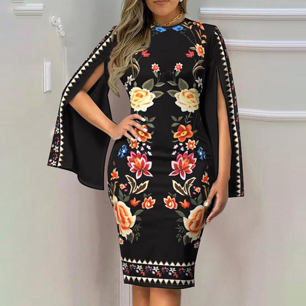 Dámské úzké šaty s dlouhým rukávem a kulatým výstřihem Módní šaty s vysokým pasem pro ženy