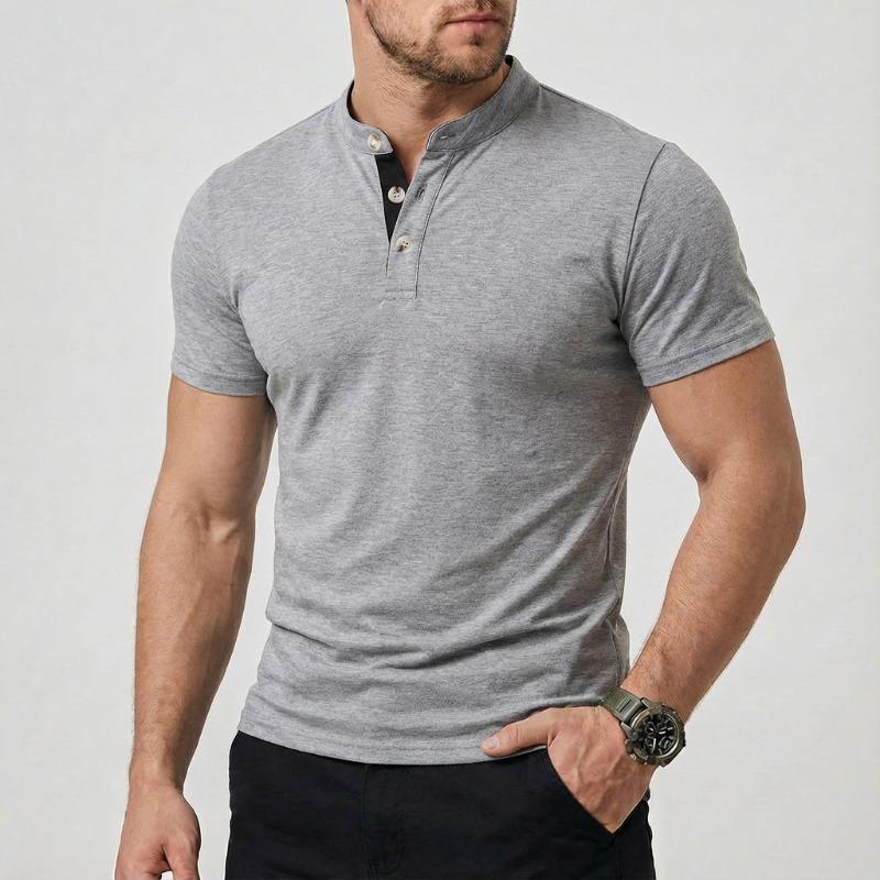 

Men Stand Collar Short Sleeve Polo Shirt Button Placket Slim Fit Casual Solid Daily Tops S светло-серый