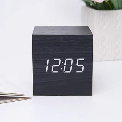 Square Voice Control Luminous Digital Wooden LED Multifunction Desktop USB/AAA Powered Electronic Clock Bedroom Decoration