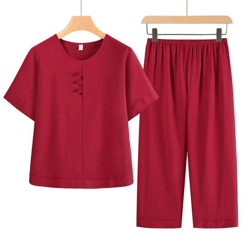 Mamas chinesisches Sommeroutfit: Kurzarm-Oberteil und Hose Set für Frauen mittleren Alters und ältere Frauen
