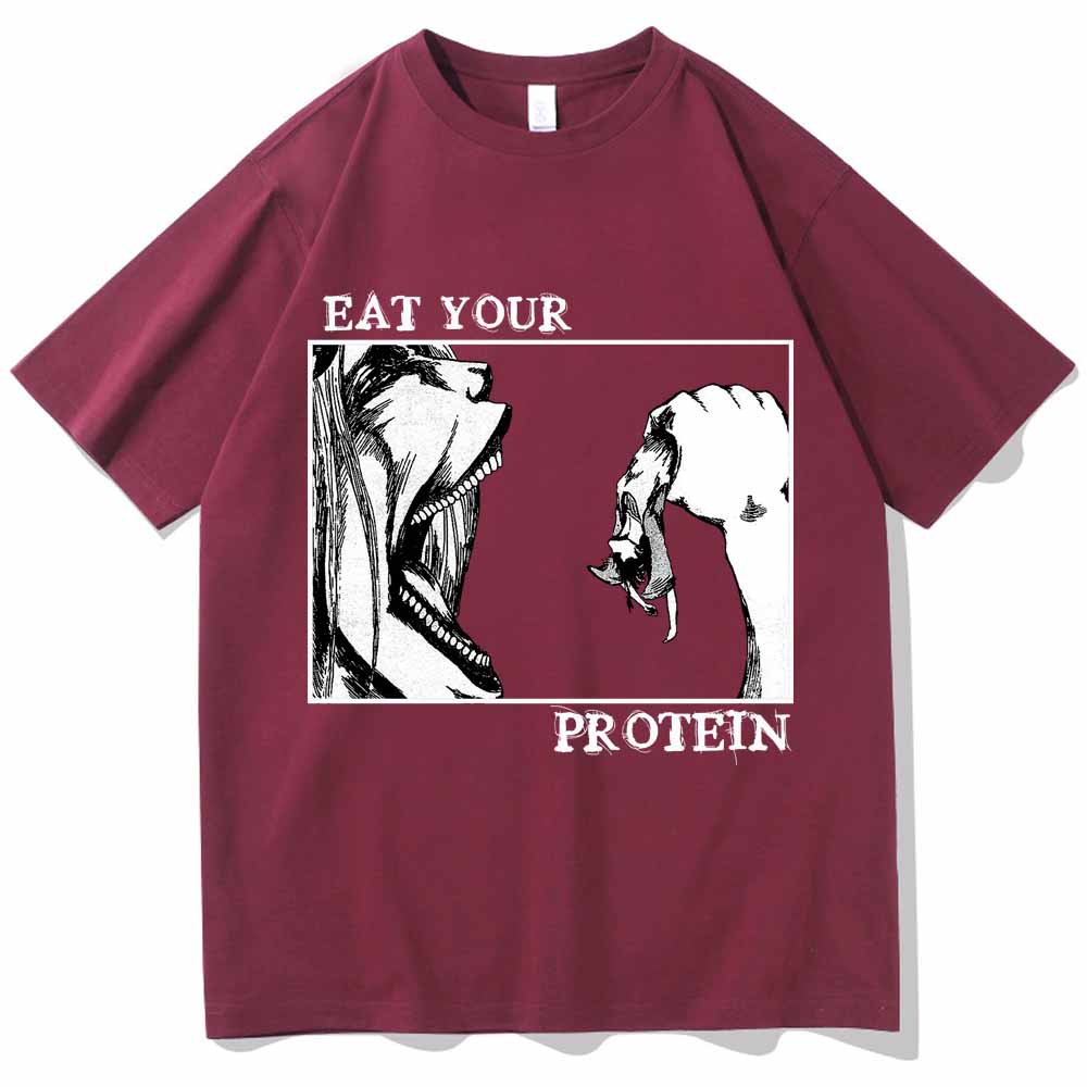 Attack On Titan TShirts Eat Your Protein Shirt Unisex Unisex Summer Casual ONeck Short Sleeve Shirts